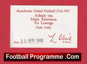 Manchester United v QPR 1988 – Directors Lounge Ticket