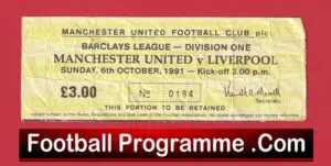 Manchester United v Liverpool 1991 – Match Ticket