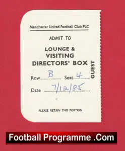 Manchester United v Ipswich Town 1985 – Directors Lounge Ticket