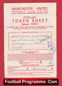 Manchester United Official Token Sheet 1976 – 1977