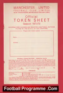 Manchester United Official Token Sheet 1971 – 1972