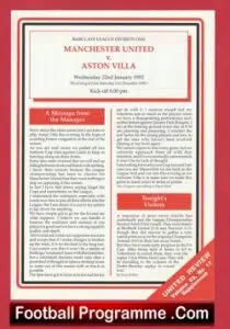 Manchester United v Aston Villa 1991 – RE Arranged 4 page Issue