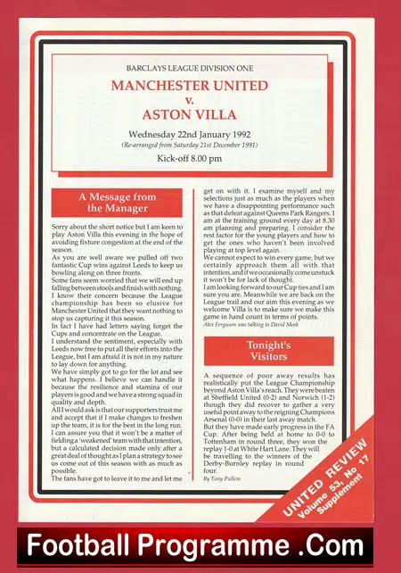 Manchester United v Aston Villa 1991 - RE Arranged 4 page Issue - Image 2
