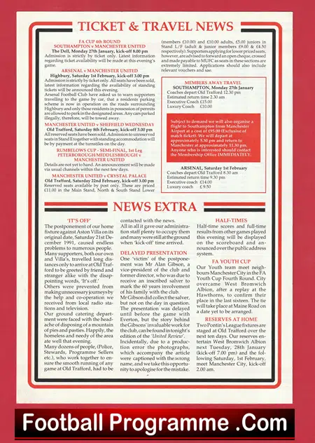 Manchester United v Aston Villa 1991 - RE Arranged 4 page Issue - Image 3