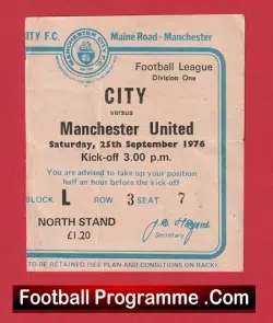 Manchester City v Manchester United 1976 – Football Ticket