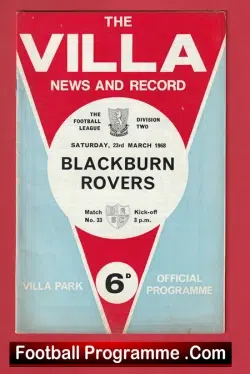 Aston Villa v Blackburn Rovers 1968