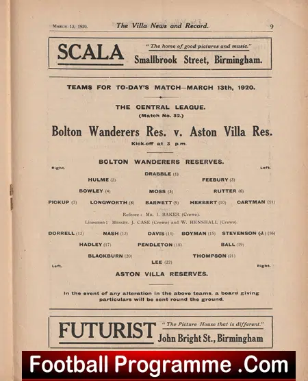 Aston Villa v Bolton Wanderers 1920 - 1920s Football Programmes - Image 3