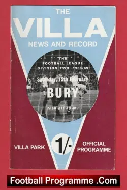 Aston Villa v Bury 1969 - football programme