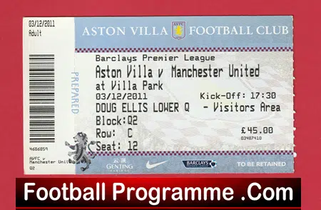 Aston Villa v Manchester United 2011 - Match Ticket - Image 2