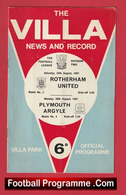 Aston Villa v Rotherham United 1967 + Plymouth Argyle
