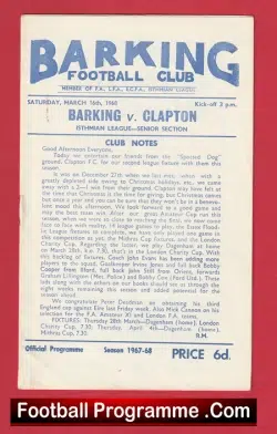 Barking v Clapton 1968 - 1960s Programme - football programme
