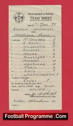 Bolton Wanderers v Mansfield Town 1978 - Referee Team Sheet - Signed - football memorabilia