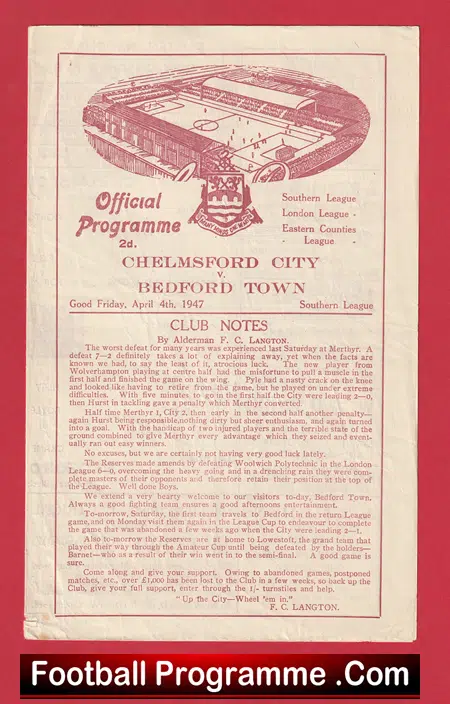 Chelmsford City v Bedford Town 1947 - old football programme - Image 2