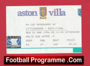 Chelsea v Manchester United 1996 – FA Cup Semi Final Match Ticket