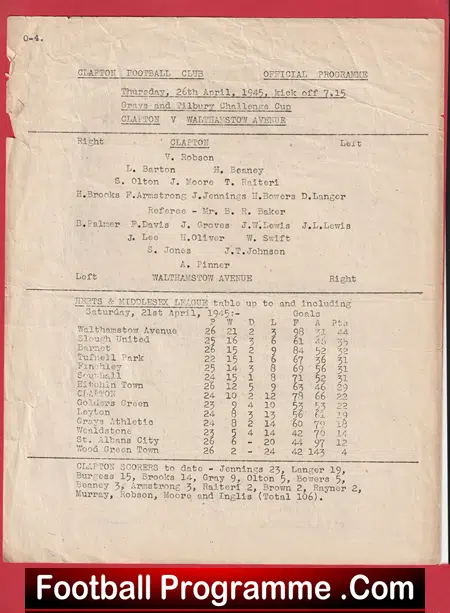 Clapton Orient v Walthamstow Avenue 1945 - War Time Football - Image 2
