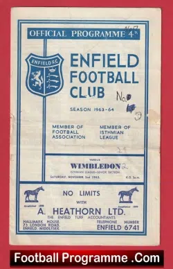 Enfield v Wimbledon 1963 - Football Programme - football programme