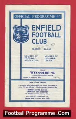 Enfield v Wycombe Wanderers 1965 - Football Programme - football programme