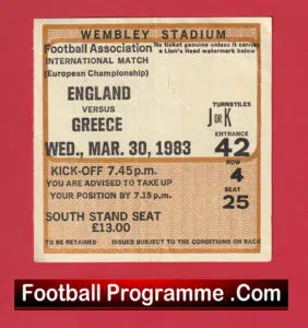 England v Greece 1983 – Football Ticket