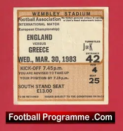 England v Greece 1983 – Football Ticket