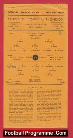 Hitchin Town v Hendon 1948 - 1940s Old Football Programmes - football programme