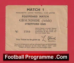 Manchester United Postponed Ticket Stretford End 1960s