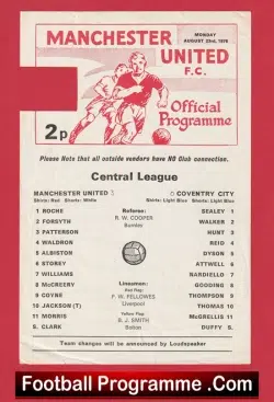 Manchester United v Coventry City 1976 - Man Utd Reserves Albiston - football programme