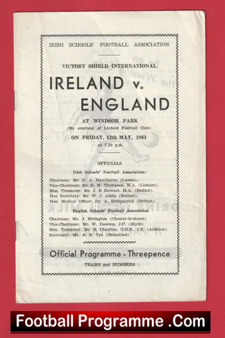 Northern Ireland v England 1961 – Schoolboys Windsor Park Belfast