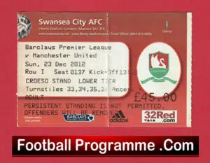Swansea City v Manchester United 2012 – Match Ticket