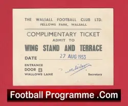 Walsall Football Club Old Football Ticket 1953 – 1950s