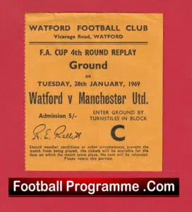 Watford v Manchester United 1969 – Match Ticket