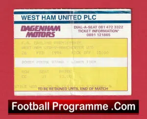 West Ham United v Manchester United 1994 – Match Ticket