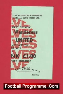 Wolves v Manchester United 1978 – Football Ticket 1970s