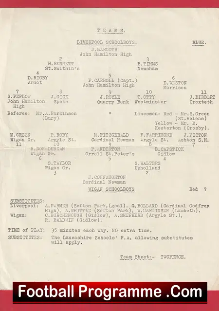 Wigan Boys v Liverpool Boys 1964 - Schoolboys Goodison Park Everton - Image 3