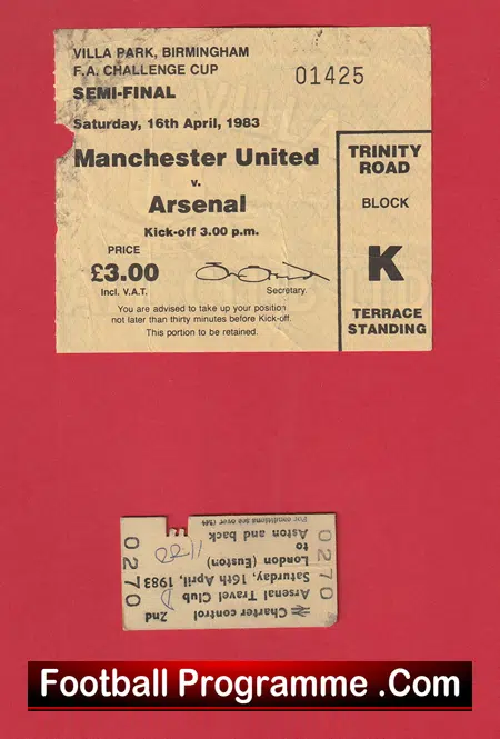 Arsenal v Manchester United 1983 - FAC Semi Ticket Villa Park + Train - Image 2