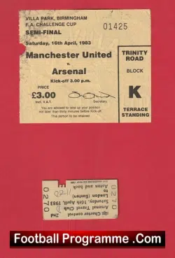 Arsenal v Manchester United 1983 - FAC Semi Ticket Villa Park + Train - football memorabilia