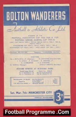 Bolton Wanderers v Manchester City 1953 - football programme