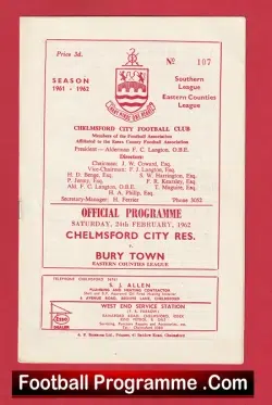 Chelmsford City v Bury Town 1962 - football programme