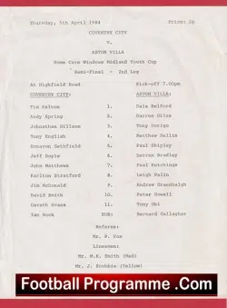 Coventry City v Aston Villa 1985 - Youth Cup Semi Final - football programme