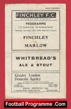 Finchley v Marlow 1946 - FA Amateur Cup - football programme