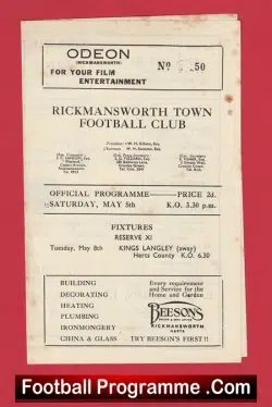 Rickmansworth Town v Marlow 1951 - Spartan League - football programme