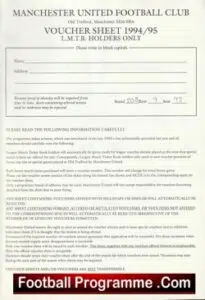 Manchester United Official Token Sheet 1994 – 1995