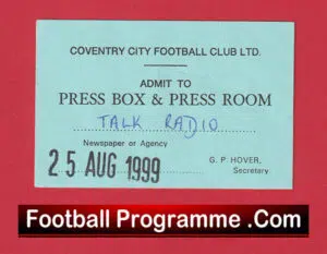 Coventry City v Manchester United 1999 – Press Box Room Ticket