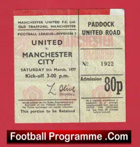 Manchester United v Manchester City 1977 – Match Ticket