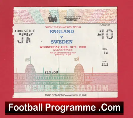 England v Sweden 1988 - Football Ticket - Image 2