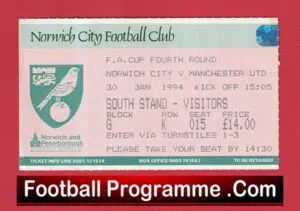 Norwich City v Manchester United 1994 – Match Ticket