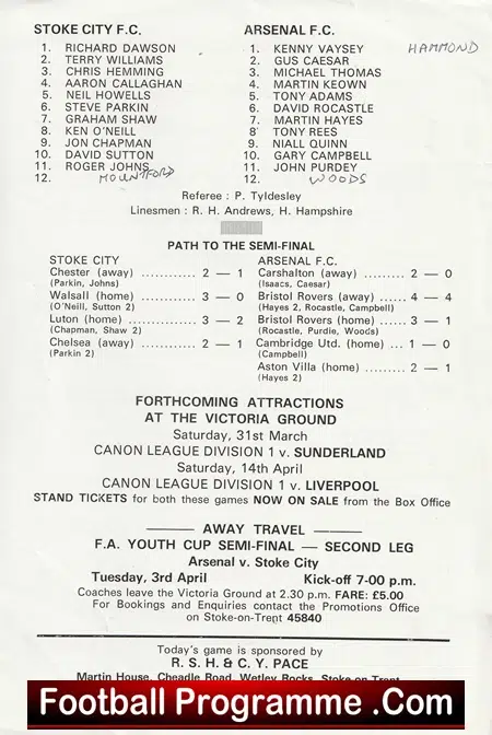 Stoke City v Arsenal 1984 - FA Youth Cup Semi Final 1st Leg - Image 3