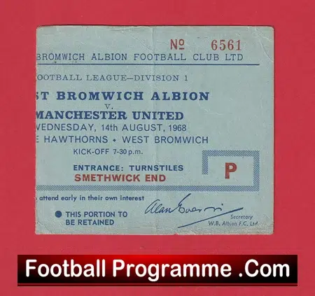 West Bromich Albion v Manchester United 1968 - Match Ticket - Image 2