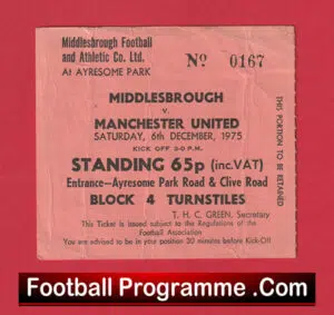Middlesbrough v Manchester United 1975 – Match Ticket