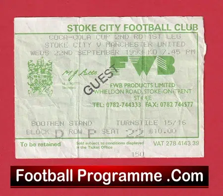Stoke City v Manchester United 1993 - Football Ticket - Image 2