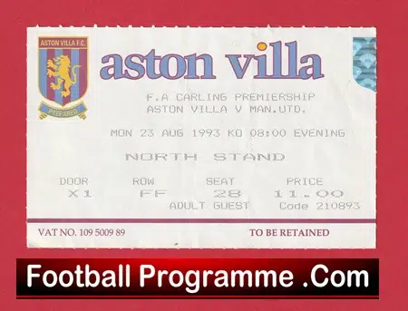 Aston Villa v Manchester United 1993 - Football Ticket - Image 2
